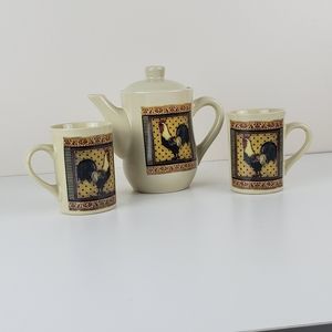 Bay Island Rooster Tea Pot Cup Set 2 Coffee Mugs